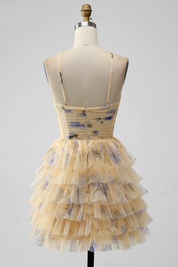 Vestido de regreso a casa corto de tul corto halter de línea amarilla